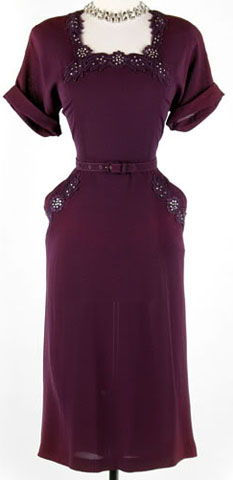 40s Purple Rayon Phinestone Cocktail Dress