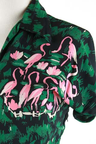 40s Blue Green Pink Flamingo Novelty Print Dress