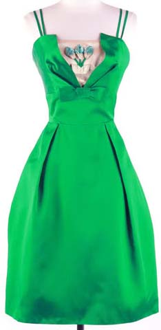 50s Green Satin Tulip Bust Cocktail Party Dress