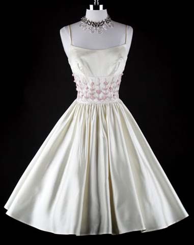 50s Ivory Satin Pink Roses Wedding Party Dress